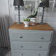 Compass feet vintage gray green, 3 drawers, wooden tray.
