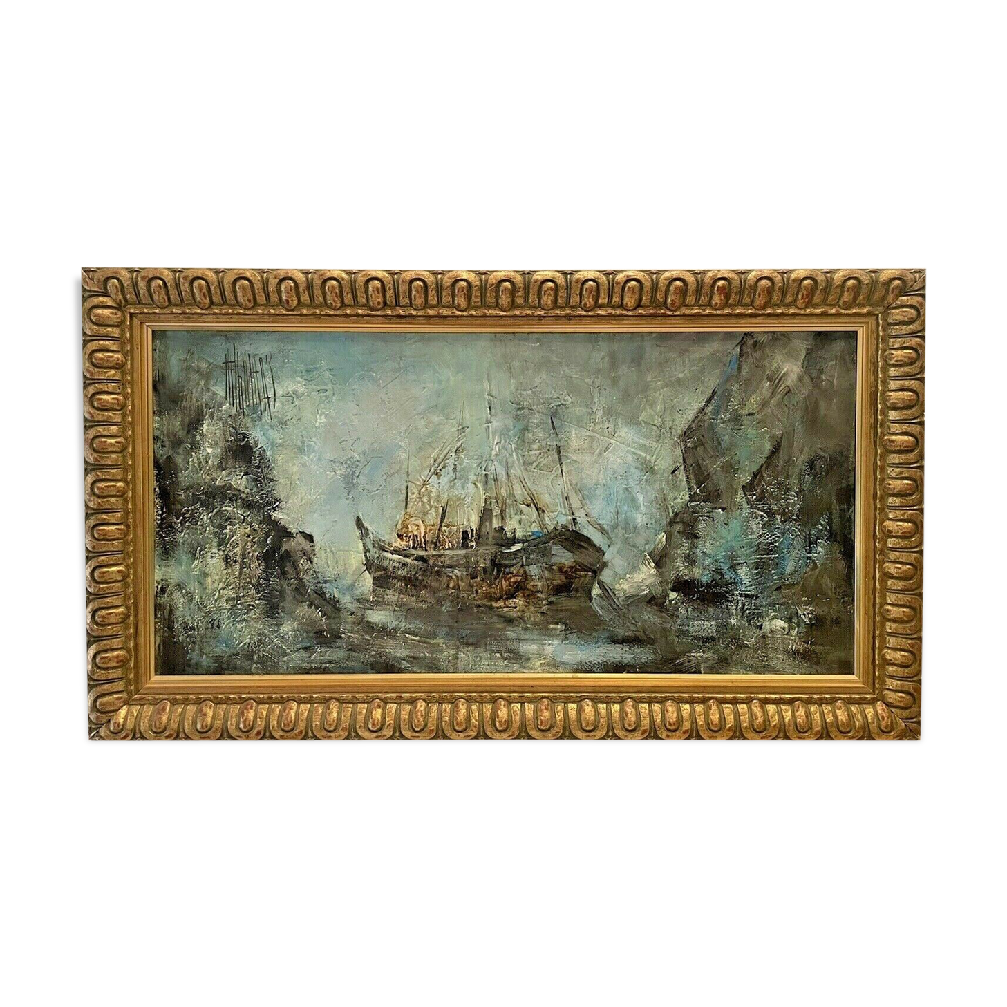 Marcel thomas jura painter, large oil on canvas, marine, trawler
