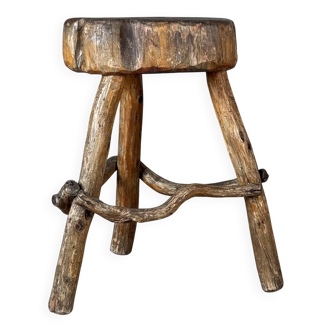 Late 19th Century Rustic Alpine Stool from Valle d'Aosta, Italy