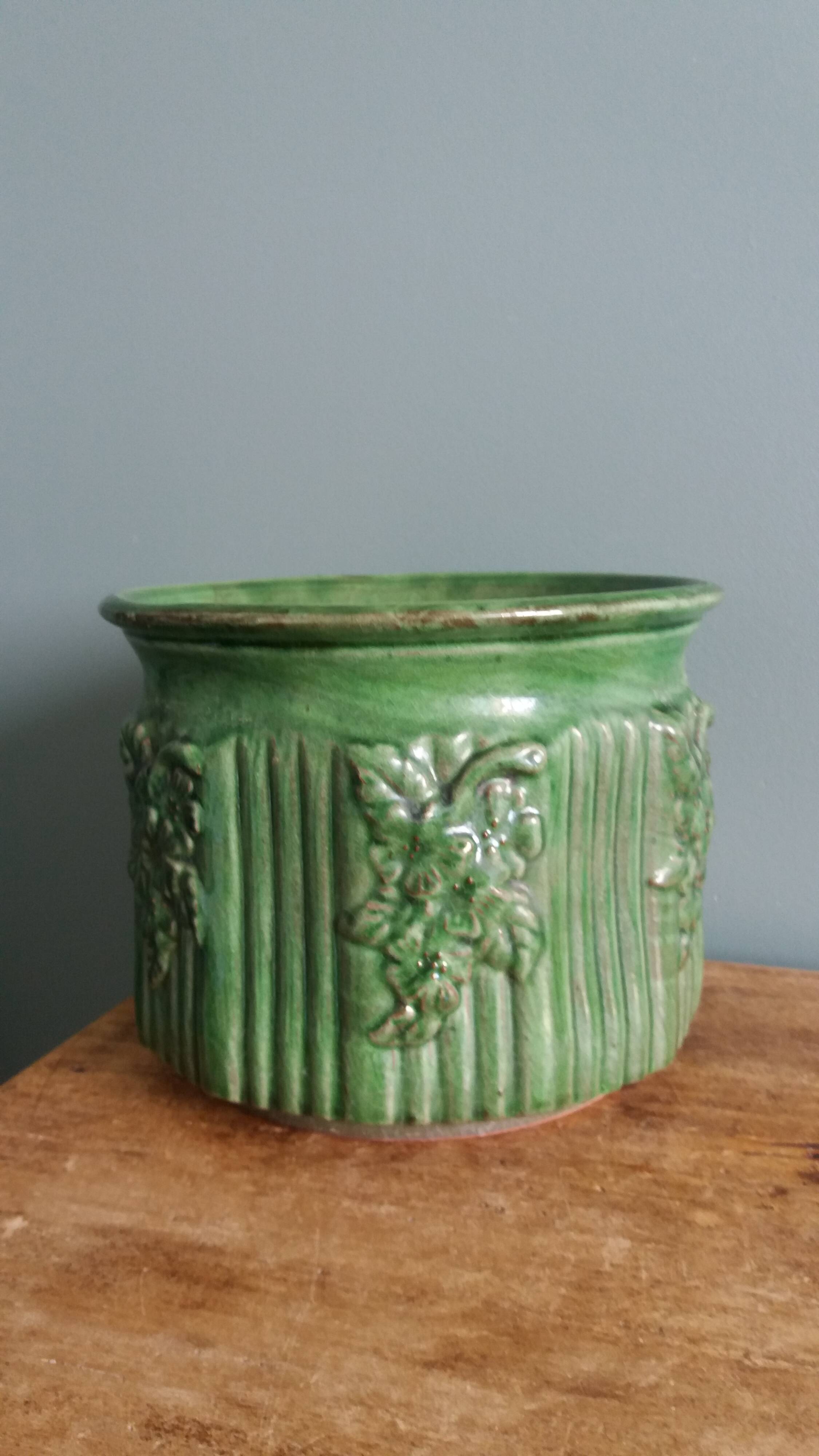 Pot de fleur ancien en terre cuite émaillée