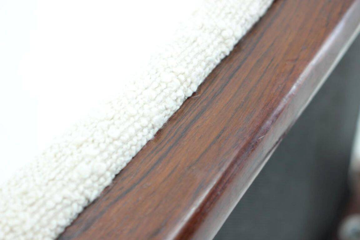1960s Mid-Century Danish Modern Refurbished Wood Stool in White Bouclé