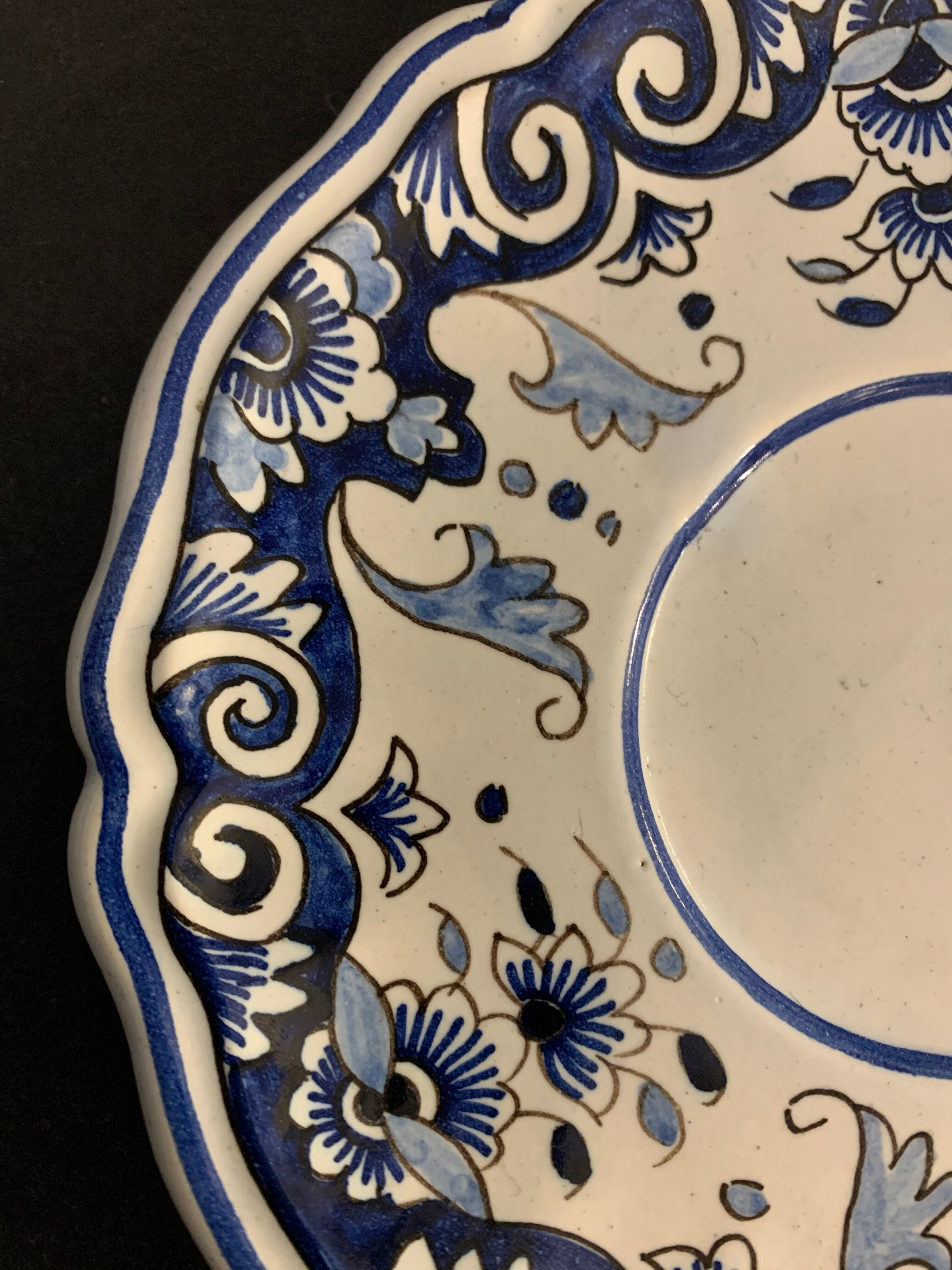 Old mustache cup and its under cup, Rouen earthenware