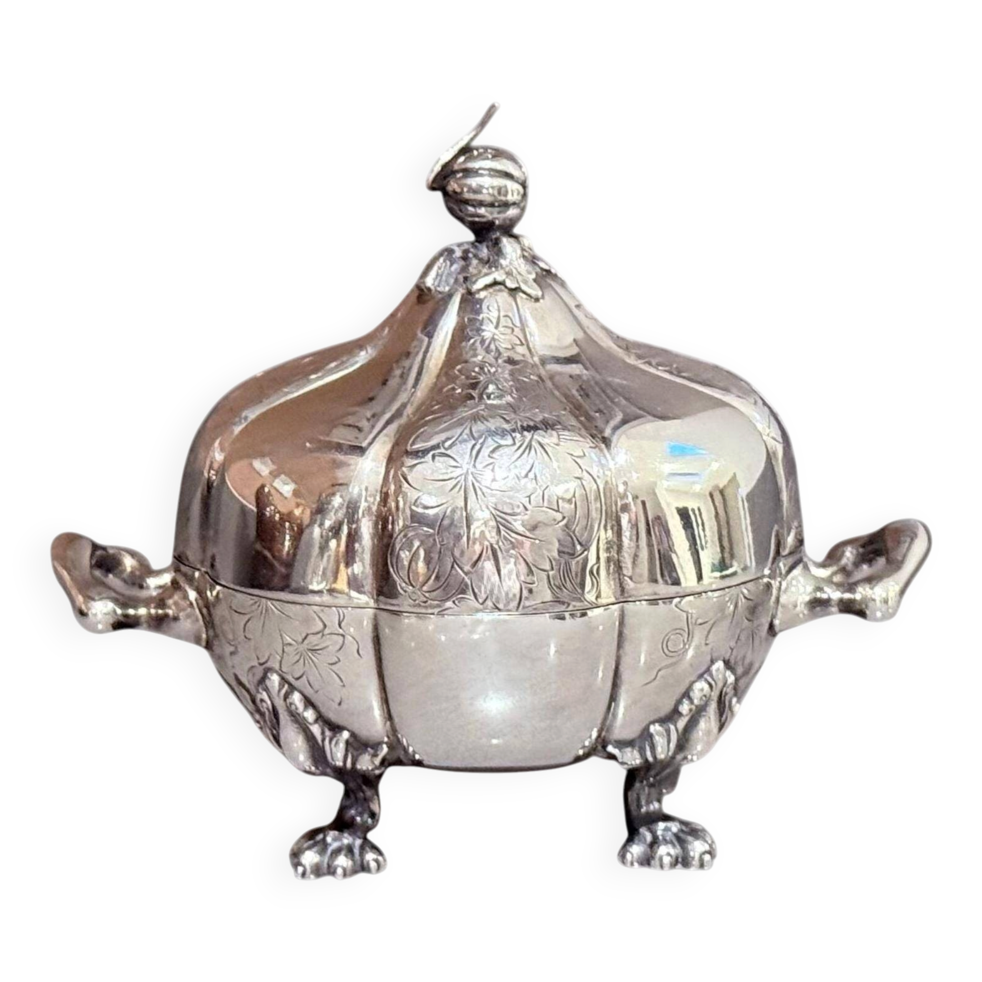 Antique Decorative Caviar Dish Caviar Serving, Silver Quadruple Plate Lid, Spoon