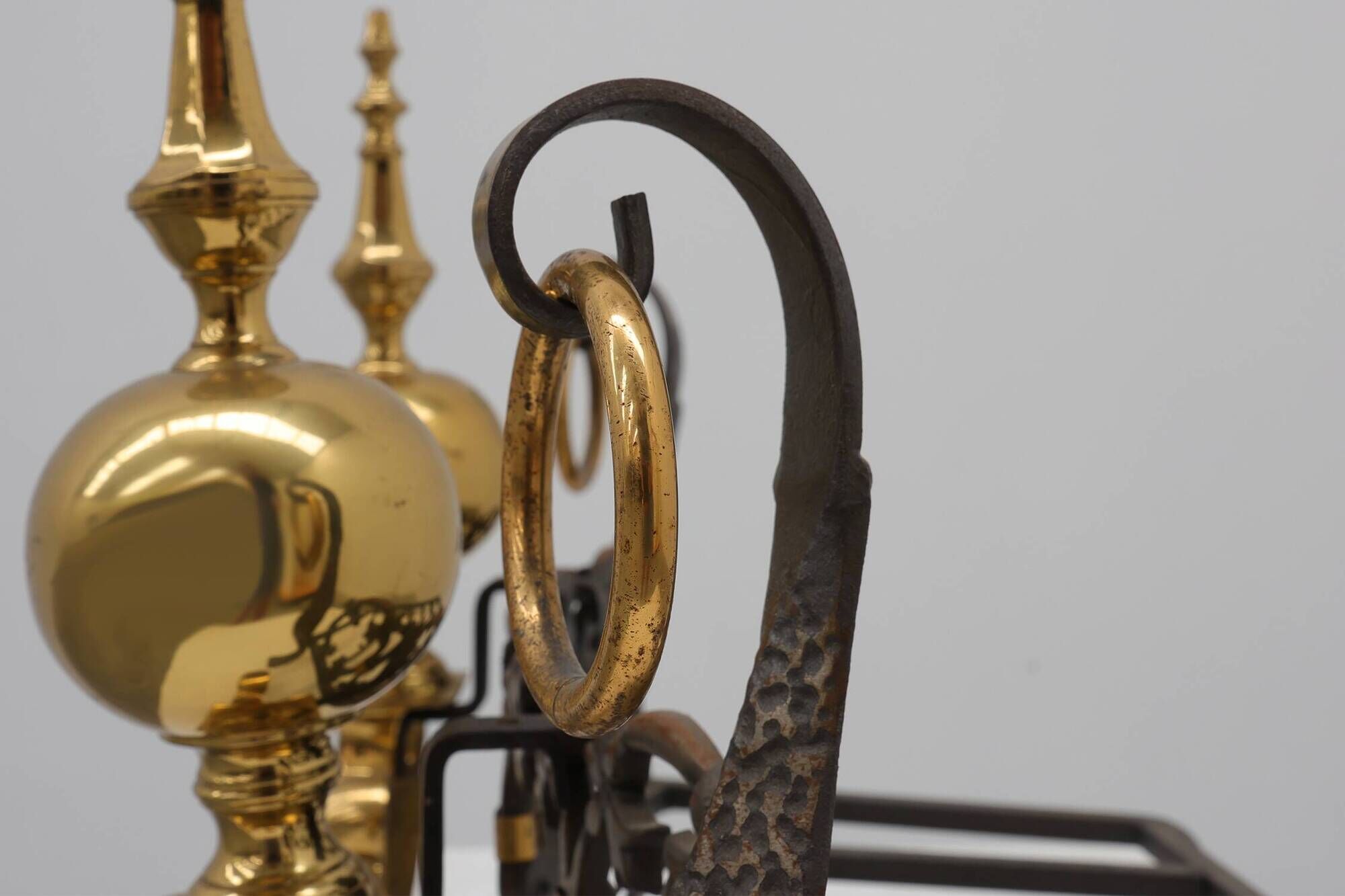Pair of French Brass Firedogs and Wrought Iron Fireplace Grate, 20th Centur