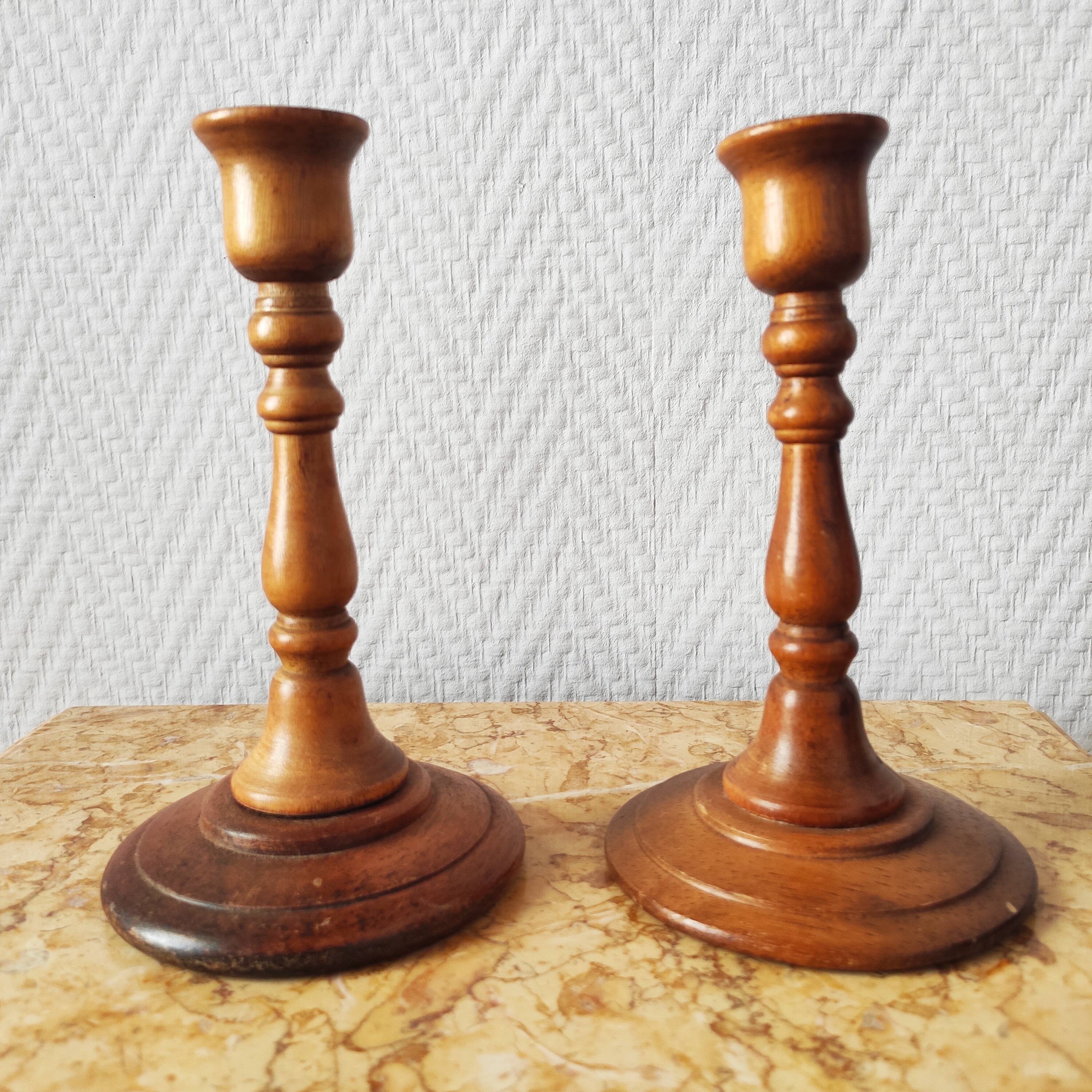 Pair of vintage turned wooden candlesticks