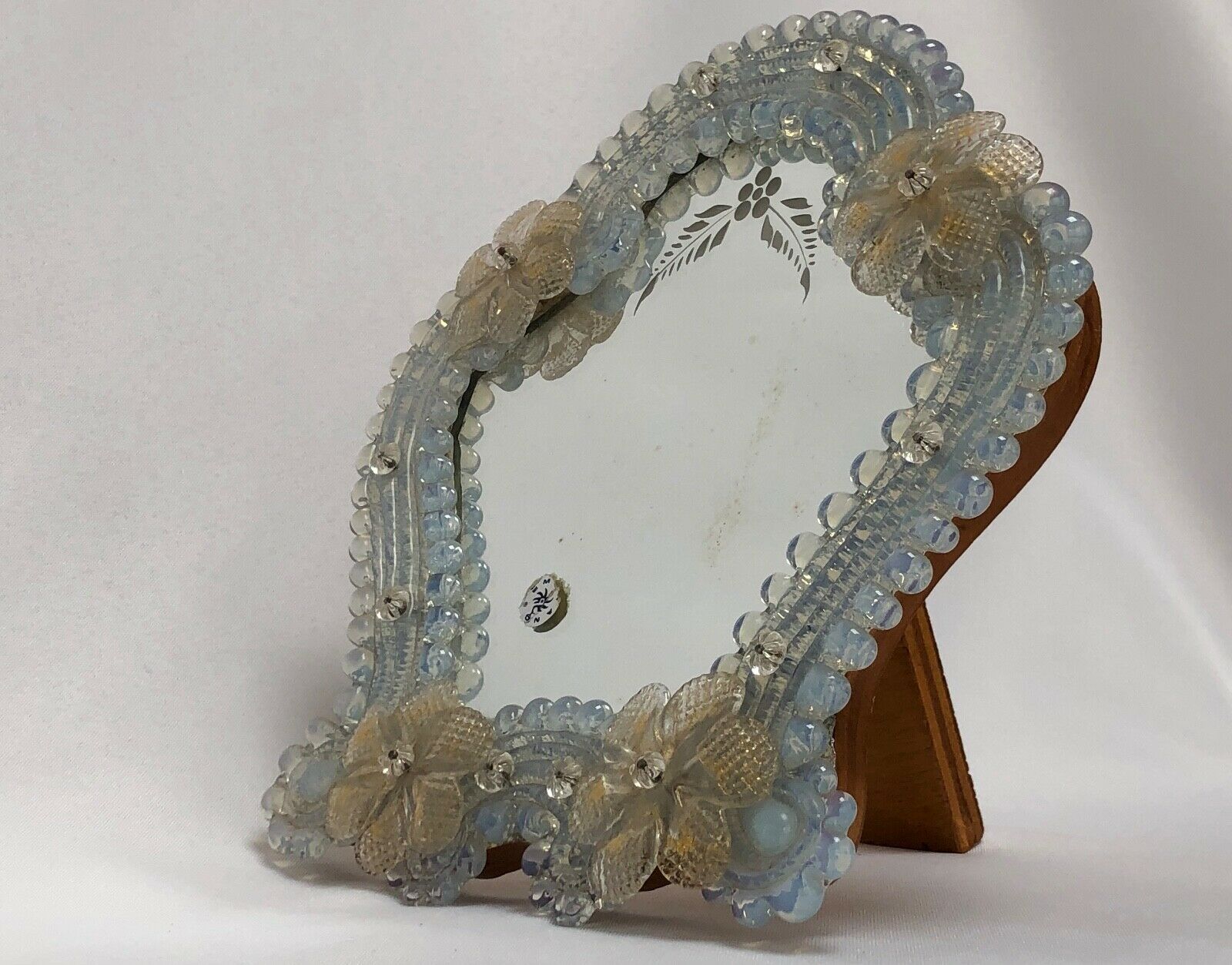 Miroir murano venice 1900 structure bois opalescent stylisées 22x24cm