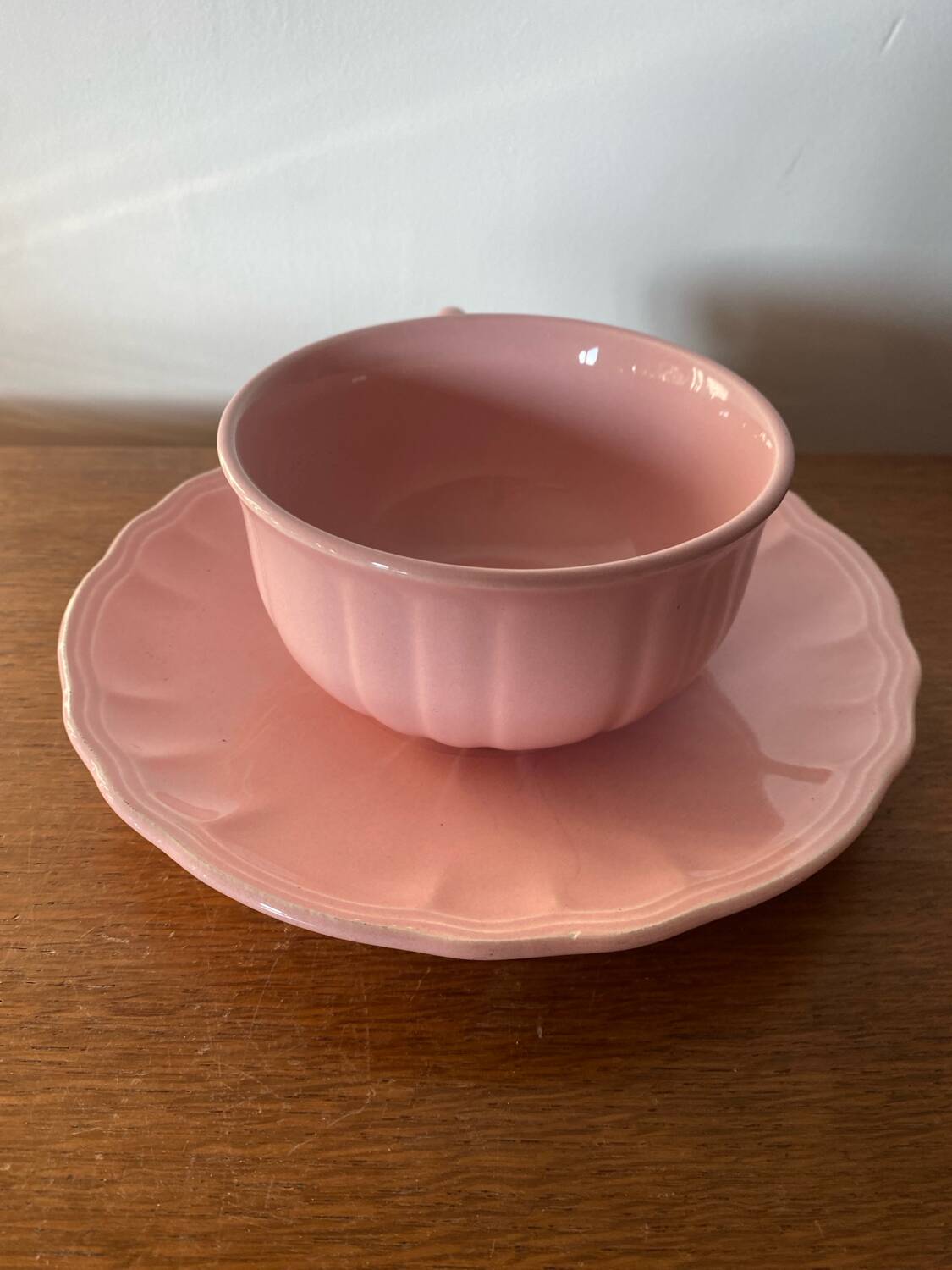 Antique salins les bains cup + saucer pink ceramic france vintage