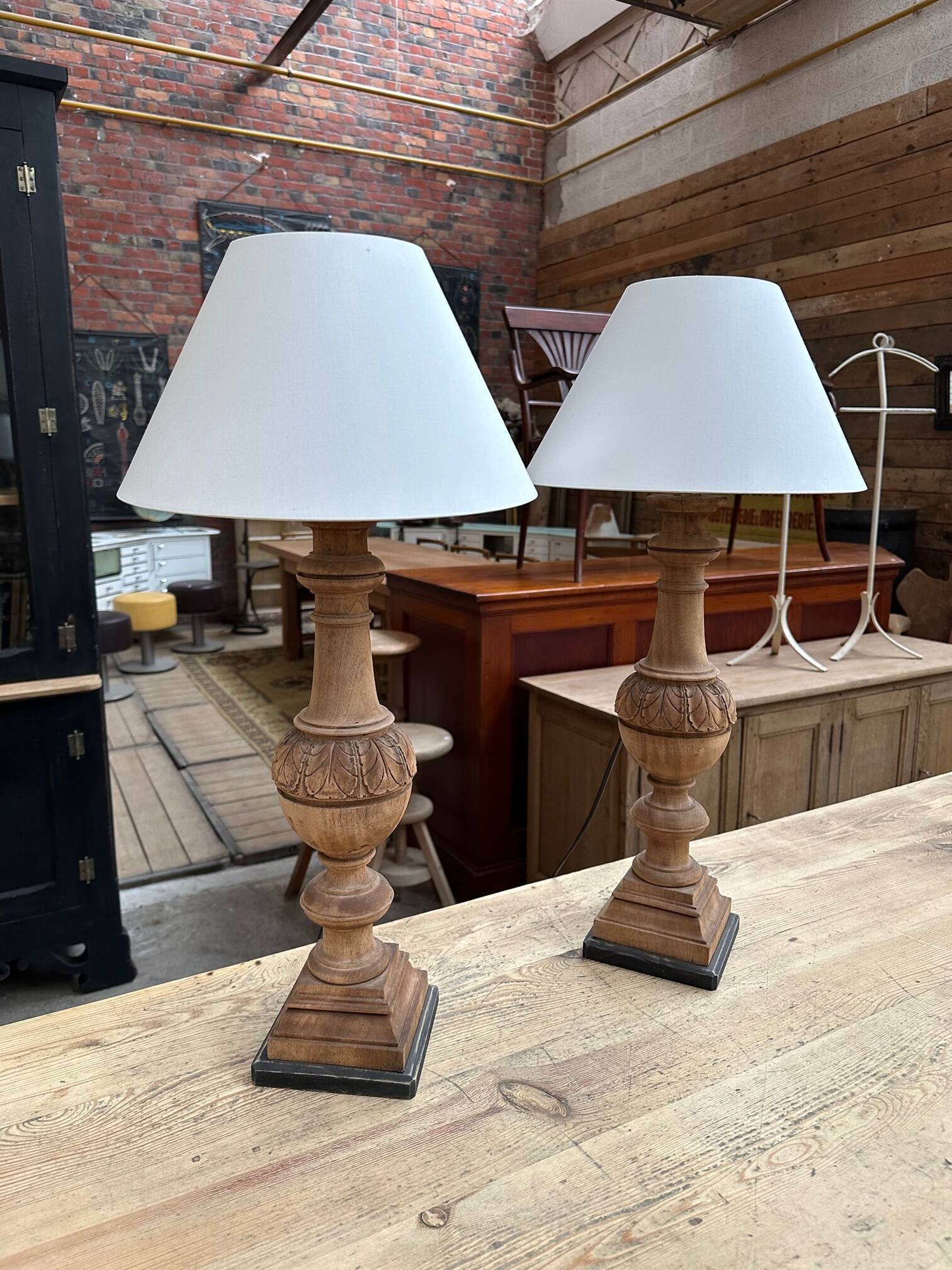 Pair of wooden base lamps
