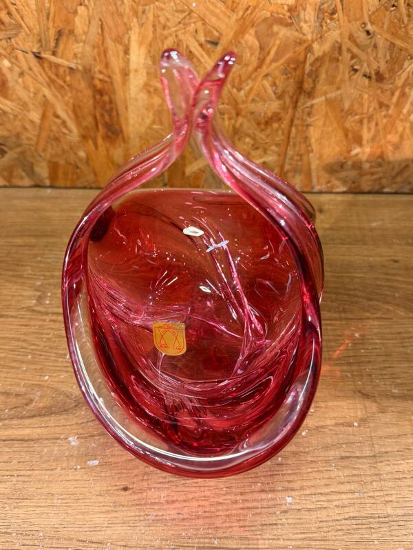 Vide poche en verre rouge vintage Rubín Glass, étiquette d’origine