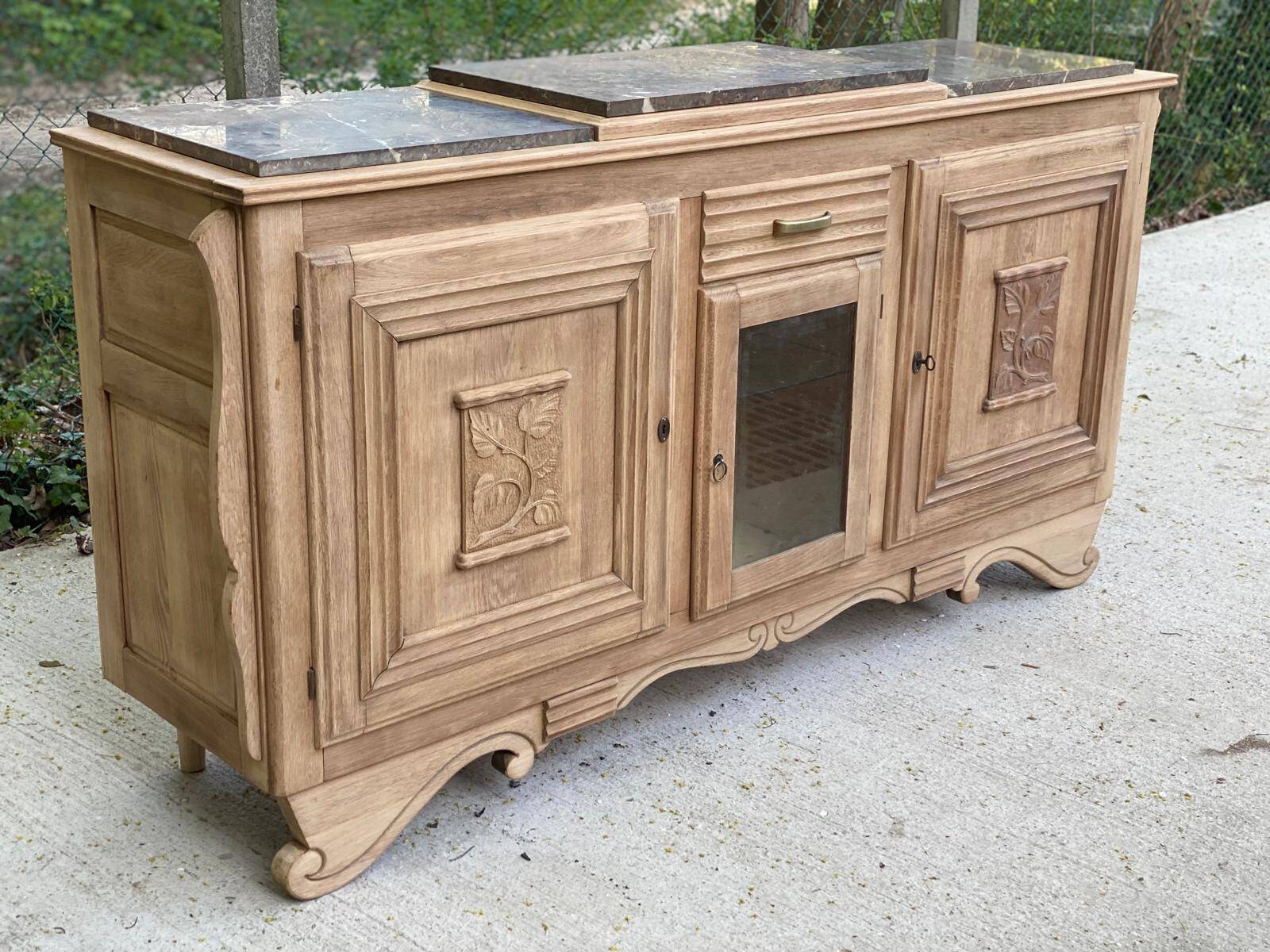 Renovated art deco sideboard in solid raw oak and gray marble 190cm