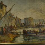 Tableau peinture sur bois impressionniste "Port de pêche" de Maurice Barle, 1940