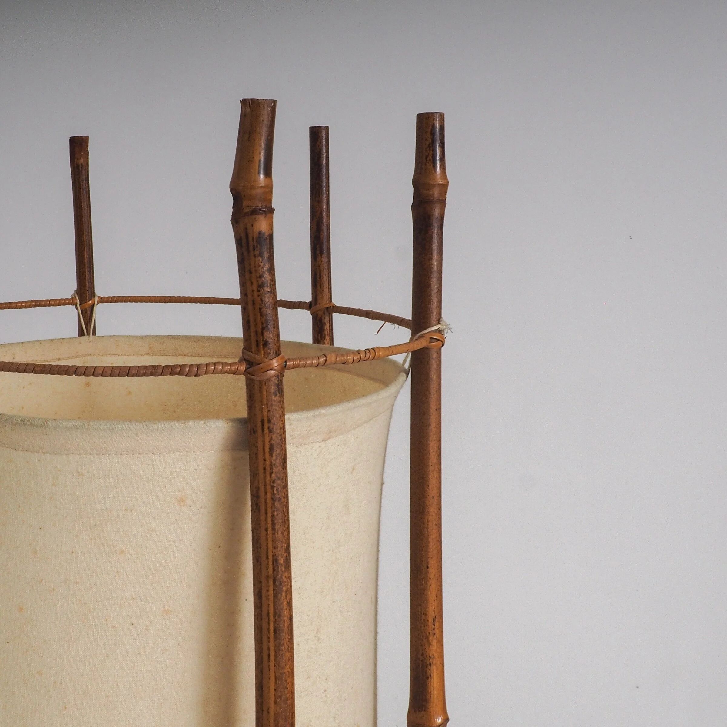 Large bamboo & linen floor lamp by Louis Sognot