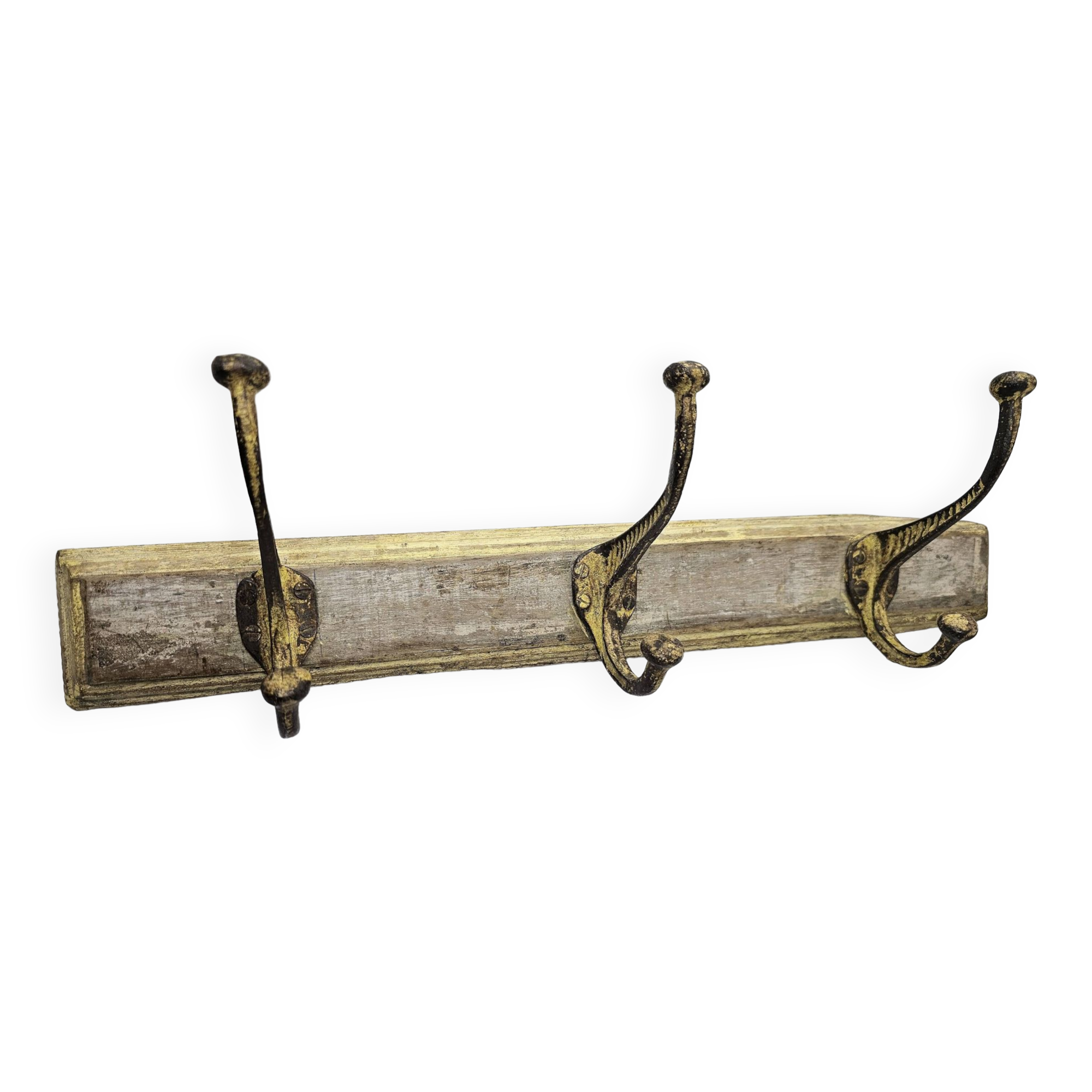 Solid teak coat hook with 3 double cast iron hooks