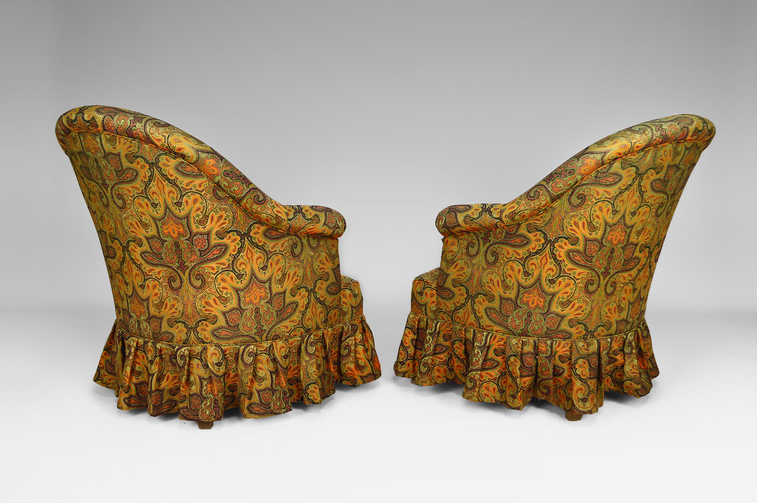 Pair of toad chairs, paisley fabric