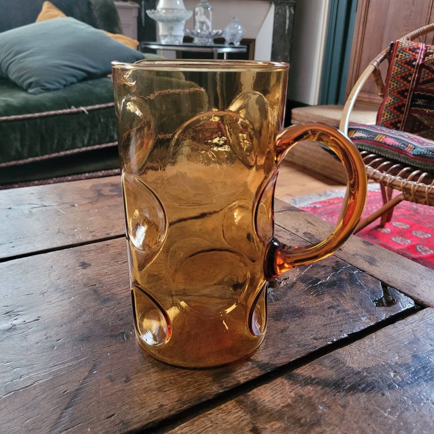Large amber glass pitcher with bubbles – 1970s design