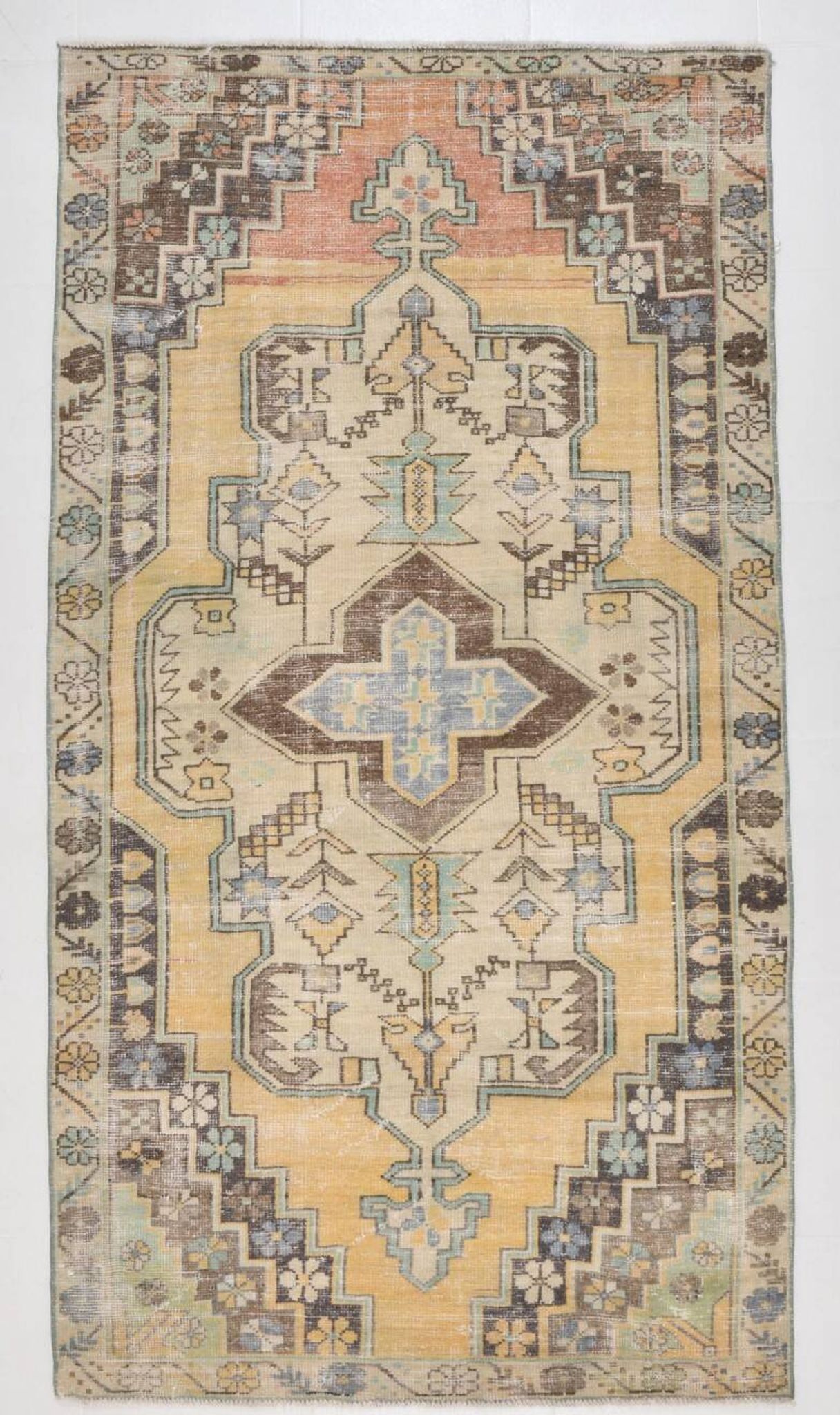 4x8 Mustard Yellow Wool Turkish Rug, Handmade Rug, 125x230Cm