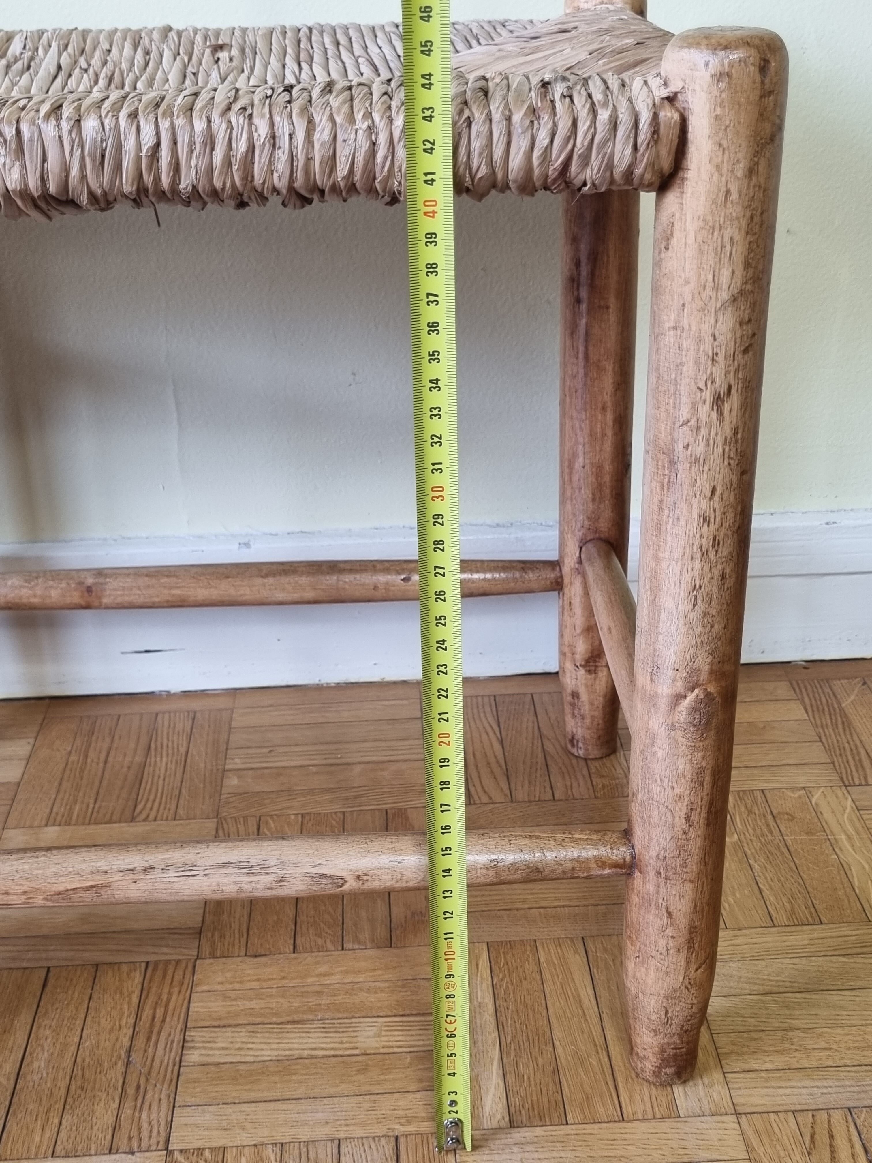 Wooden entrance bench and vintage straw 90 cm