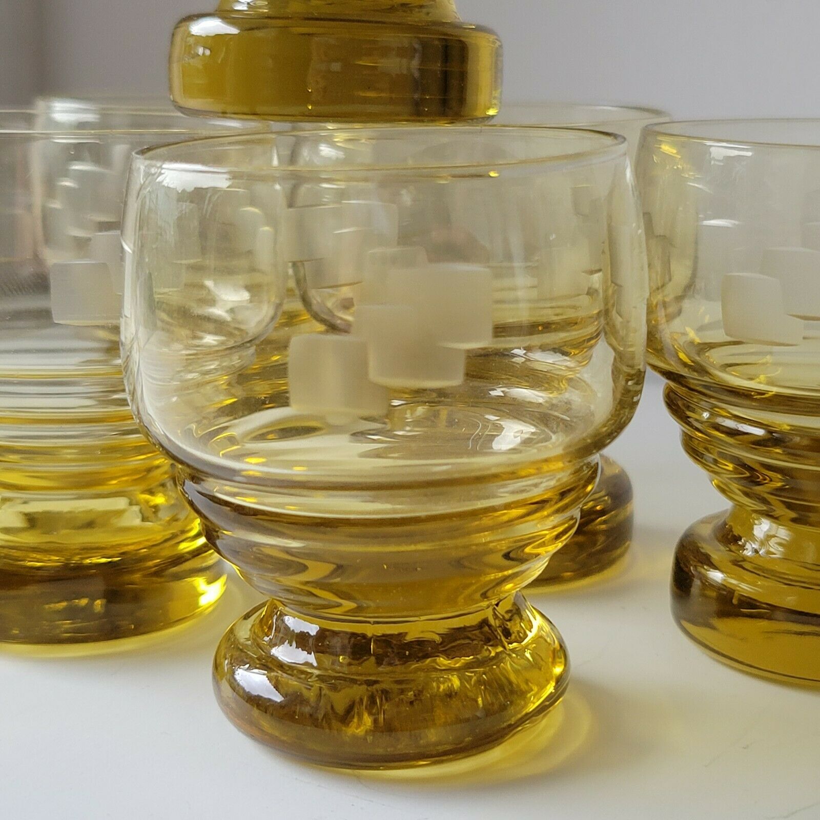 6 old art deco yellow cut glass liqueur glasses
