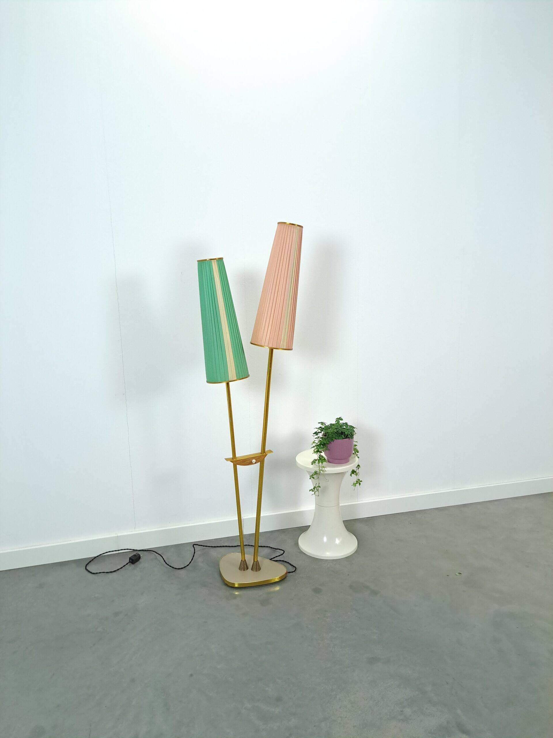1950s floor lamp with pink and green shade and gold-coloured legs