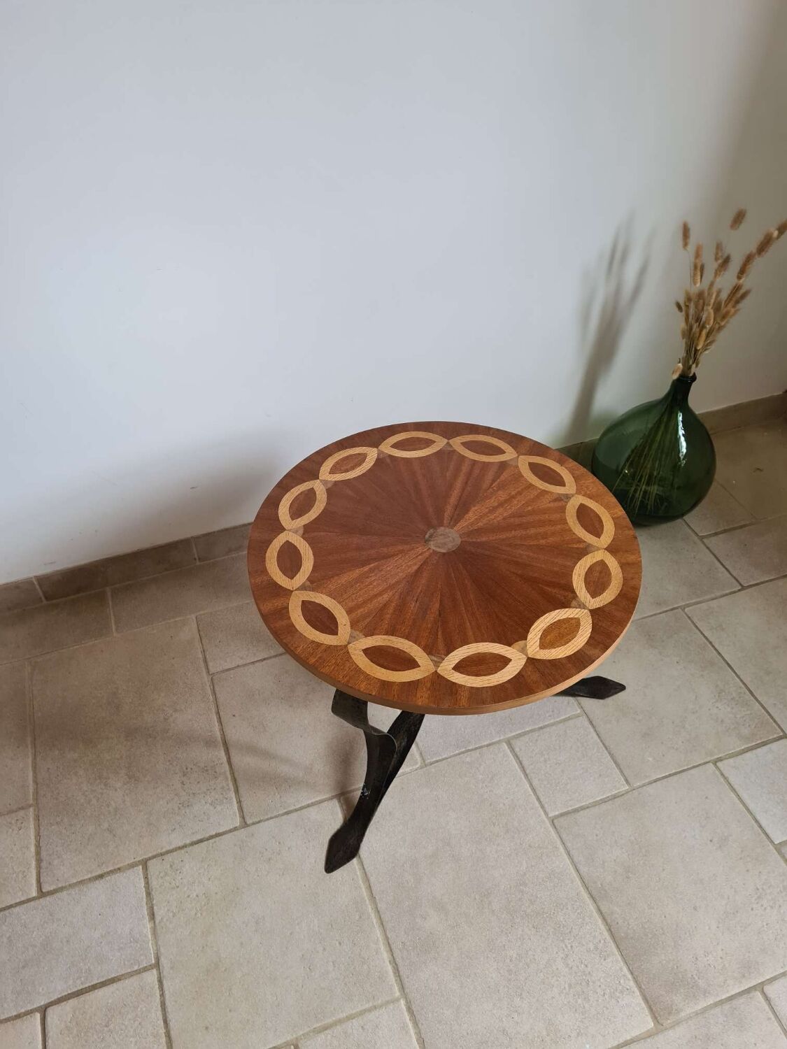 Marquetry and wrought iron coffee table
