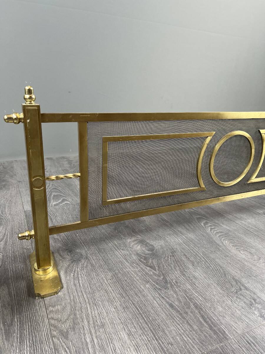 Brass fireplace set, Louis XVI style, fire screen, companion set and holder.