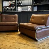 Pair of vintage low chairs, chrome and brown, France 1970