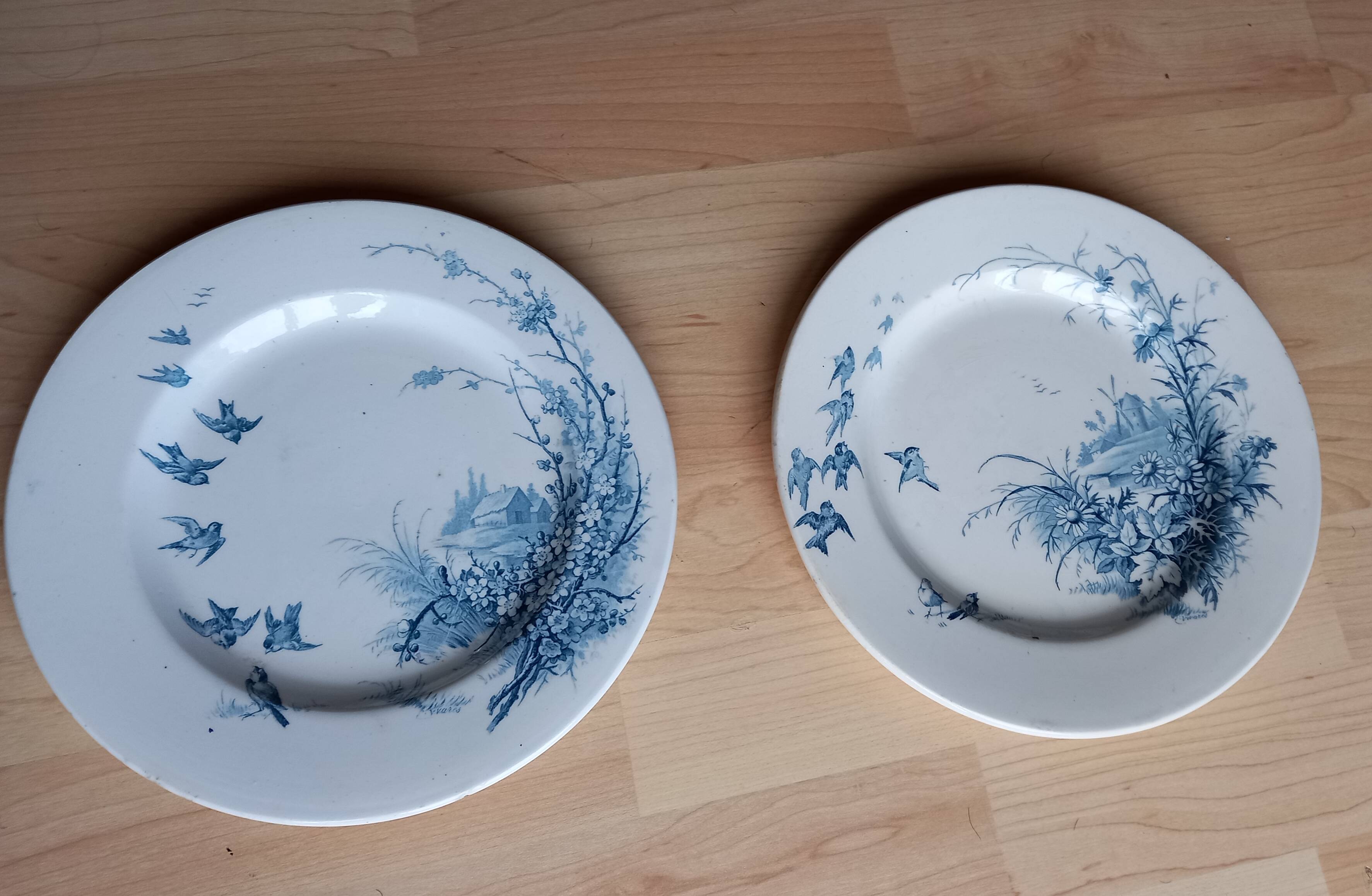 2 antique Gien earthenware plates, "Landscapes" decoration