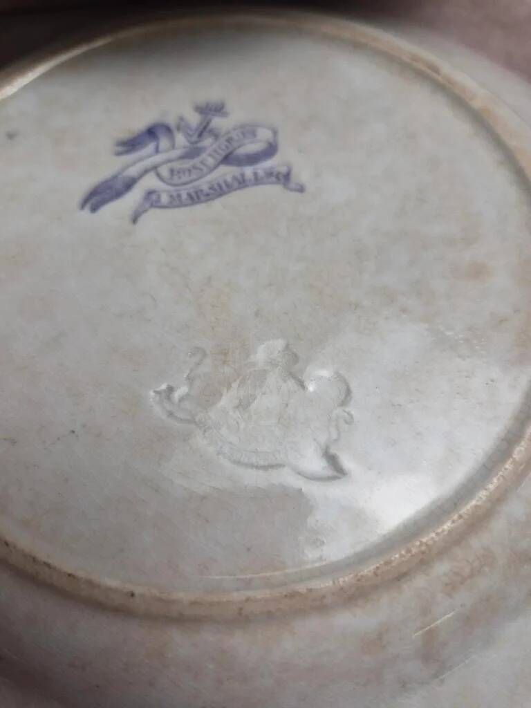 Set of 8 antique English dessert plates by J. Marshall & Co Bosphorus purple earthenware 19th century.