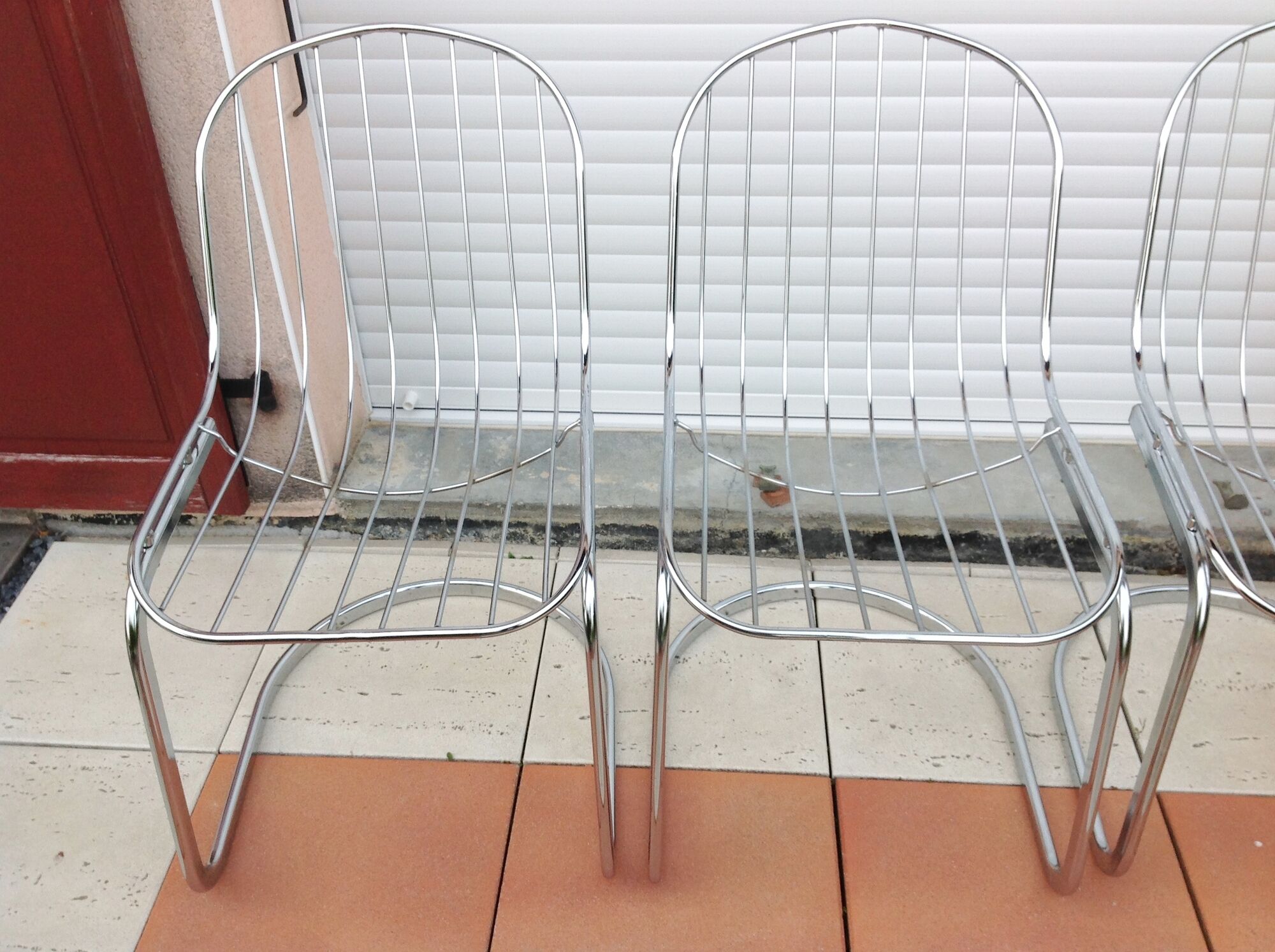 Set of four chrome metal wired chairs by Gastone Rinaldi / vintage 70s