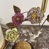 Lamp, Capodimonte, porcelain flowers, polychrome, brass leaves, cherry marble base, lampshade