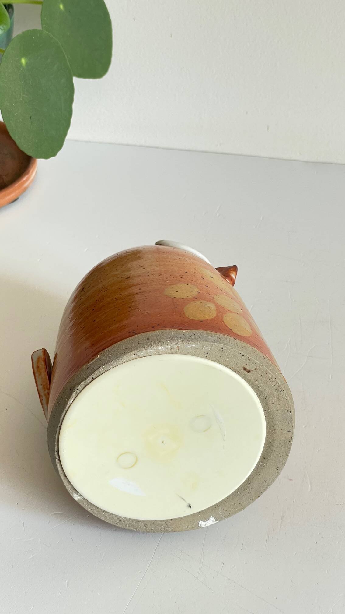 Vintage enameled stoneware owl money box