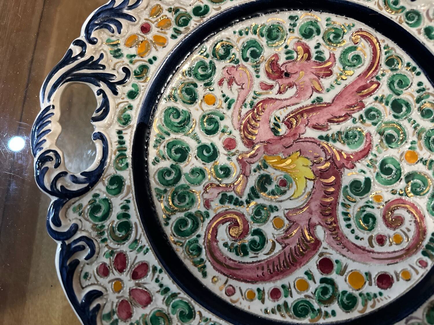 Plate / Ashtray in Massé Frères Earthenware - Relief Decoration of Dragon and F