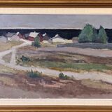 1967 mid-century modern swedish "coastal path" vintage coastal landscape framed oil painting