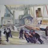 The port, the docks, unloading, dockers, painting signed 20th century HSP