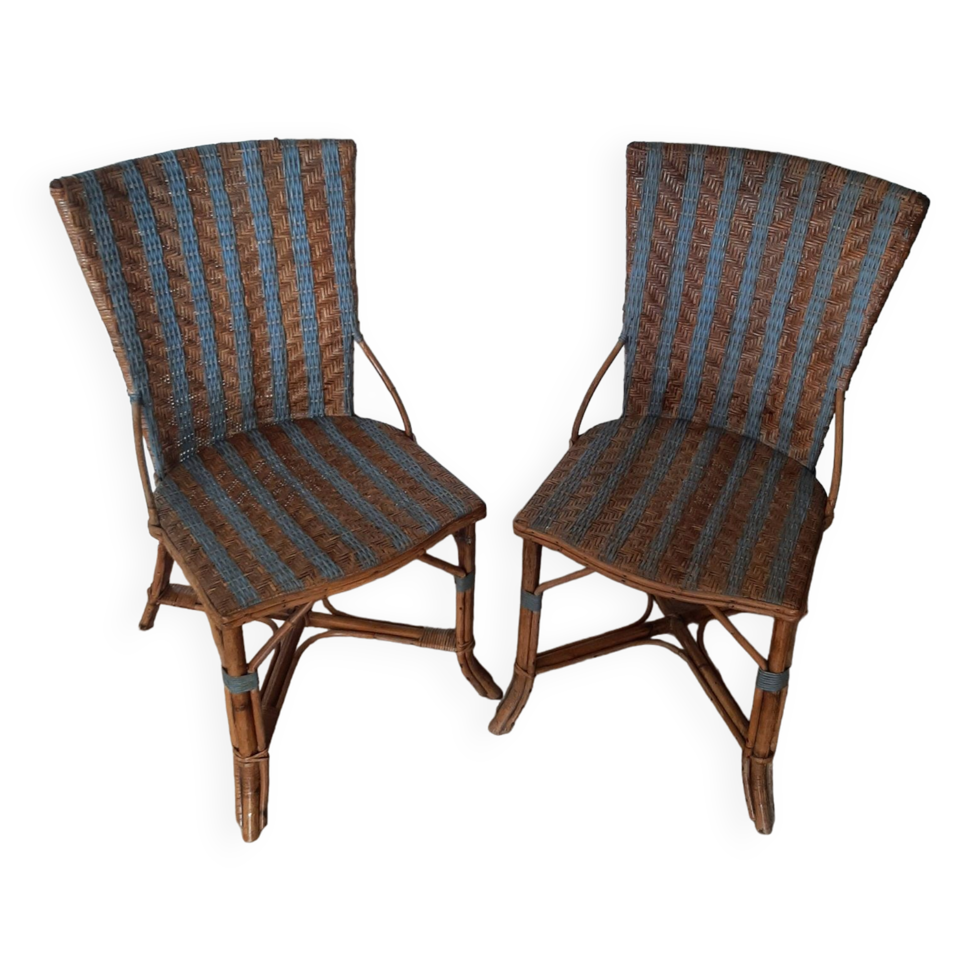 Vintage set of 2 garden woven rattan chairs - sky blue nets - 40