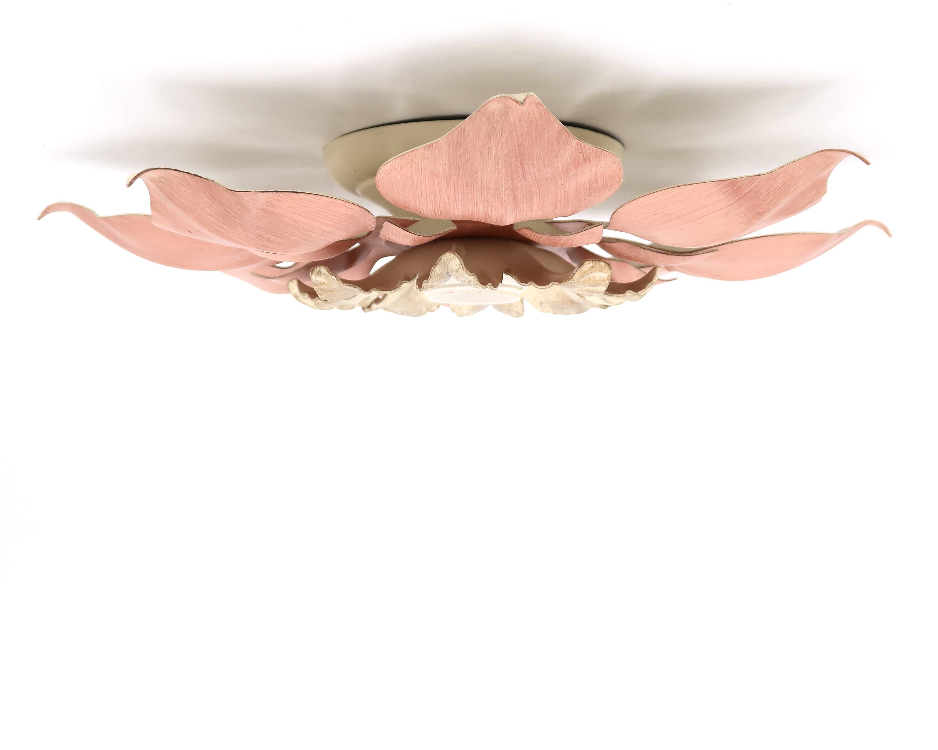 Flower wall or ceiling light in pink and beige metal, 80s
