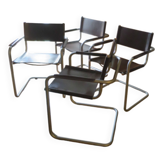 4 fauteuils chaises tubulaires cuir chrome mat vintage marron