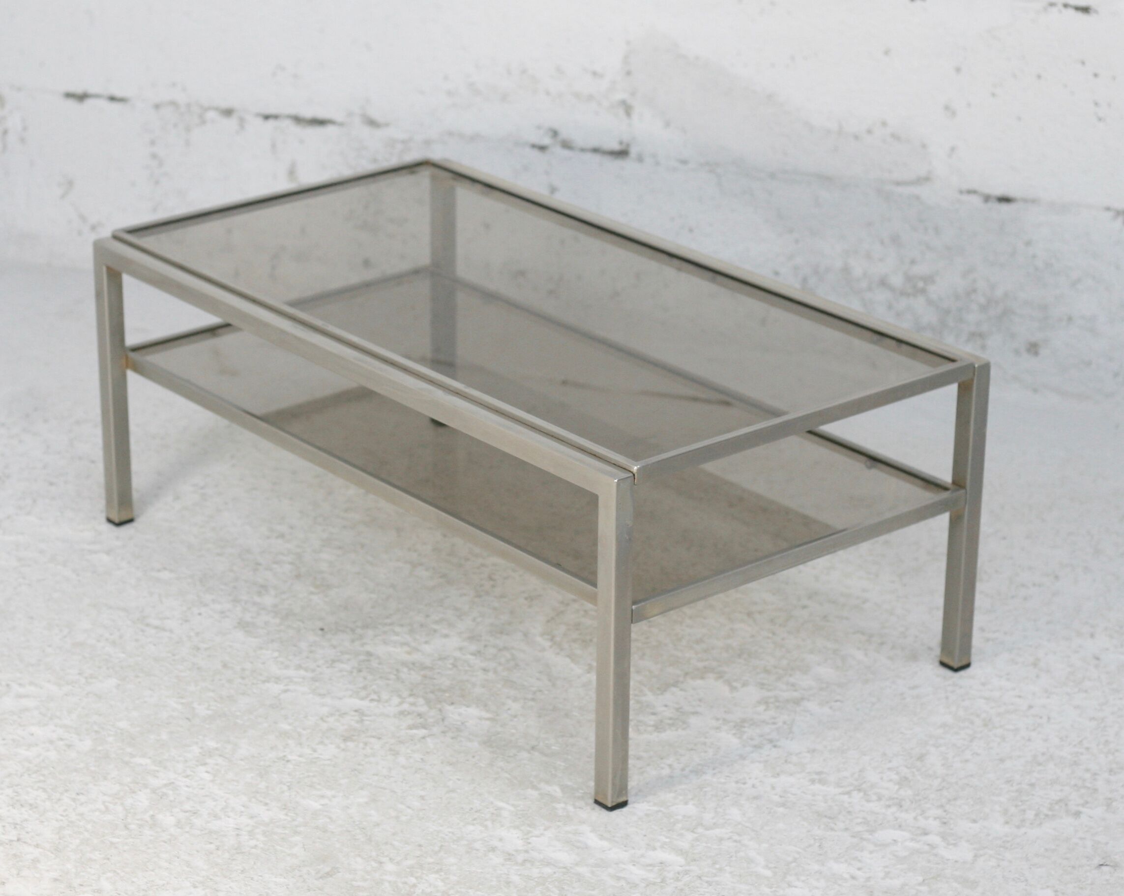 Double coffee table trays smoked glass steel. France, circa 1970