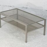 Double coffee table trays smoked glass steel. France, circa 1970