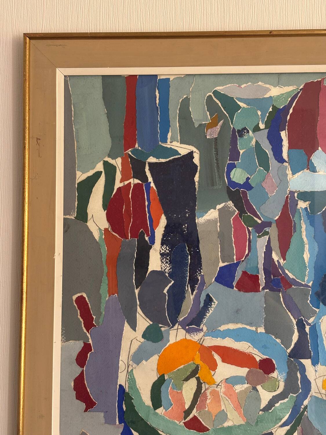 Tableau collage « le fouillis Bleu » signé