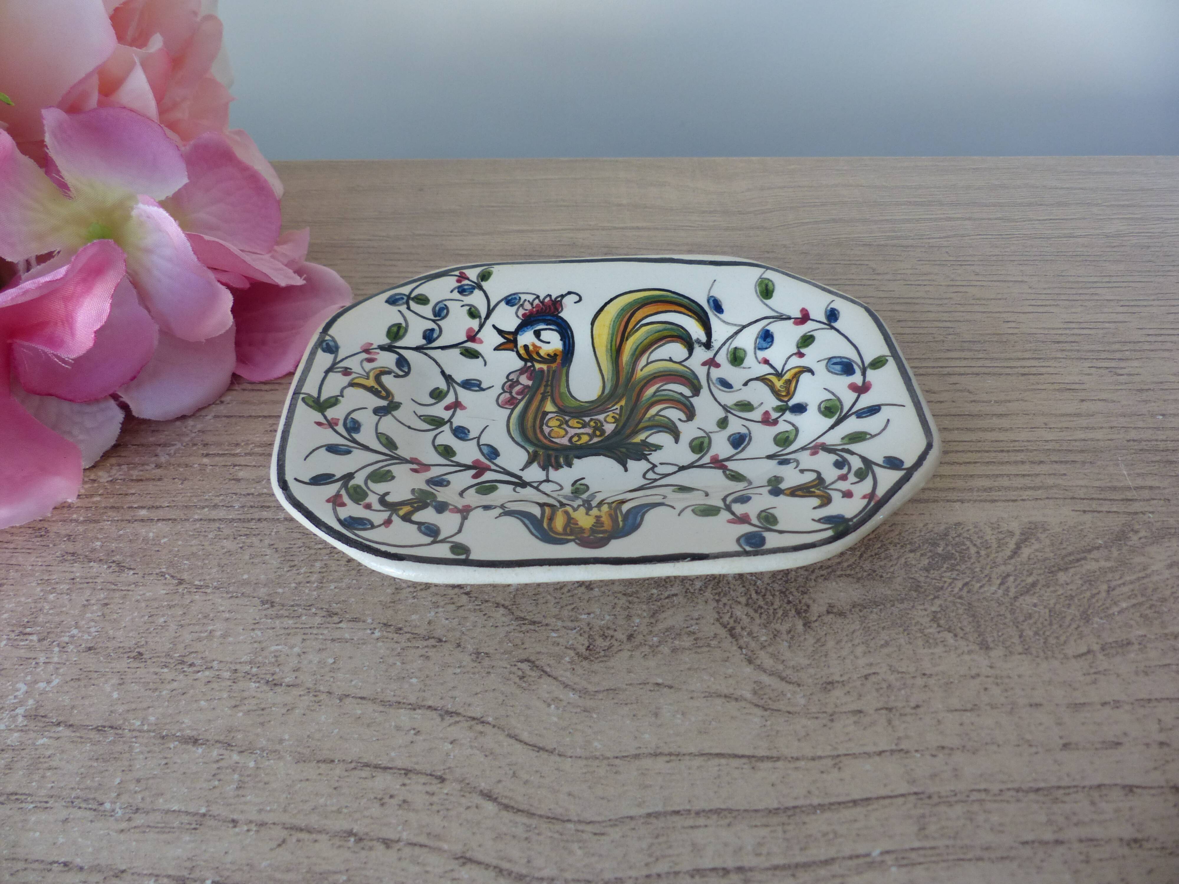 Antique small ceramic pocket emptier with Almeida rooster motif, signed and hand-painted