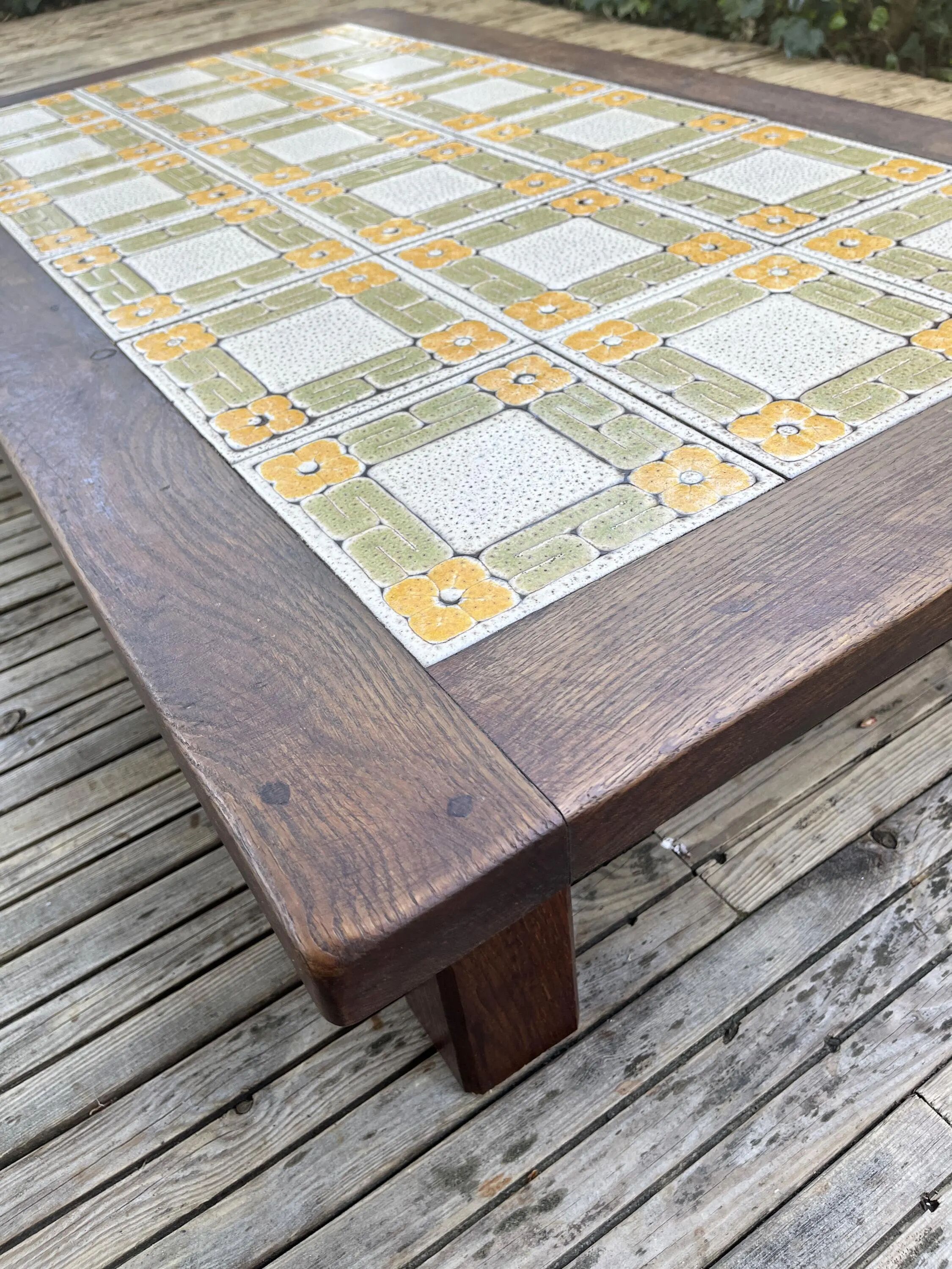 Large vintage 1960s oak and ceramic coffee table.