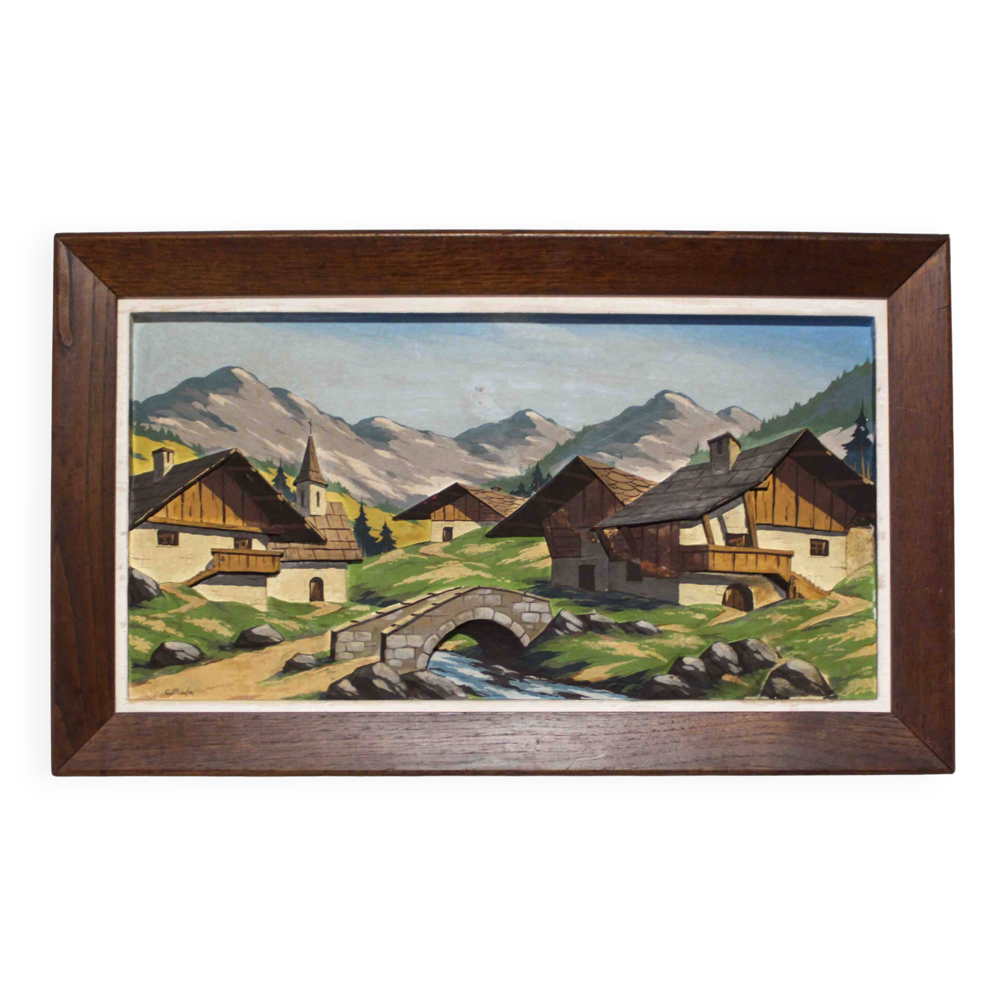 Oil on carved panel in relief, Alpine chalet