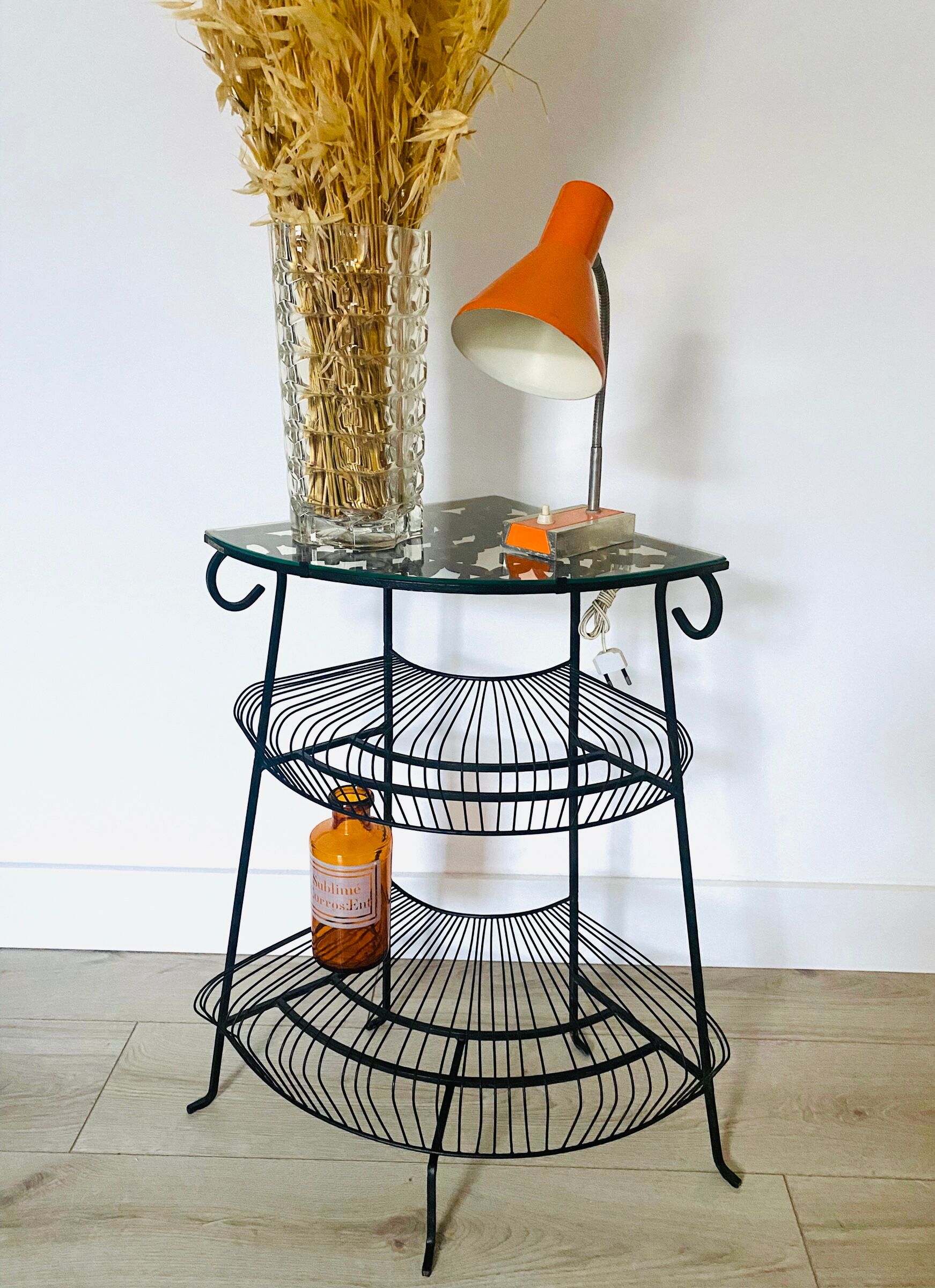 Vintage wrought iron corner shelf