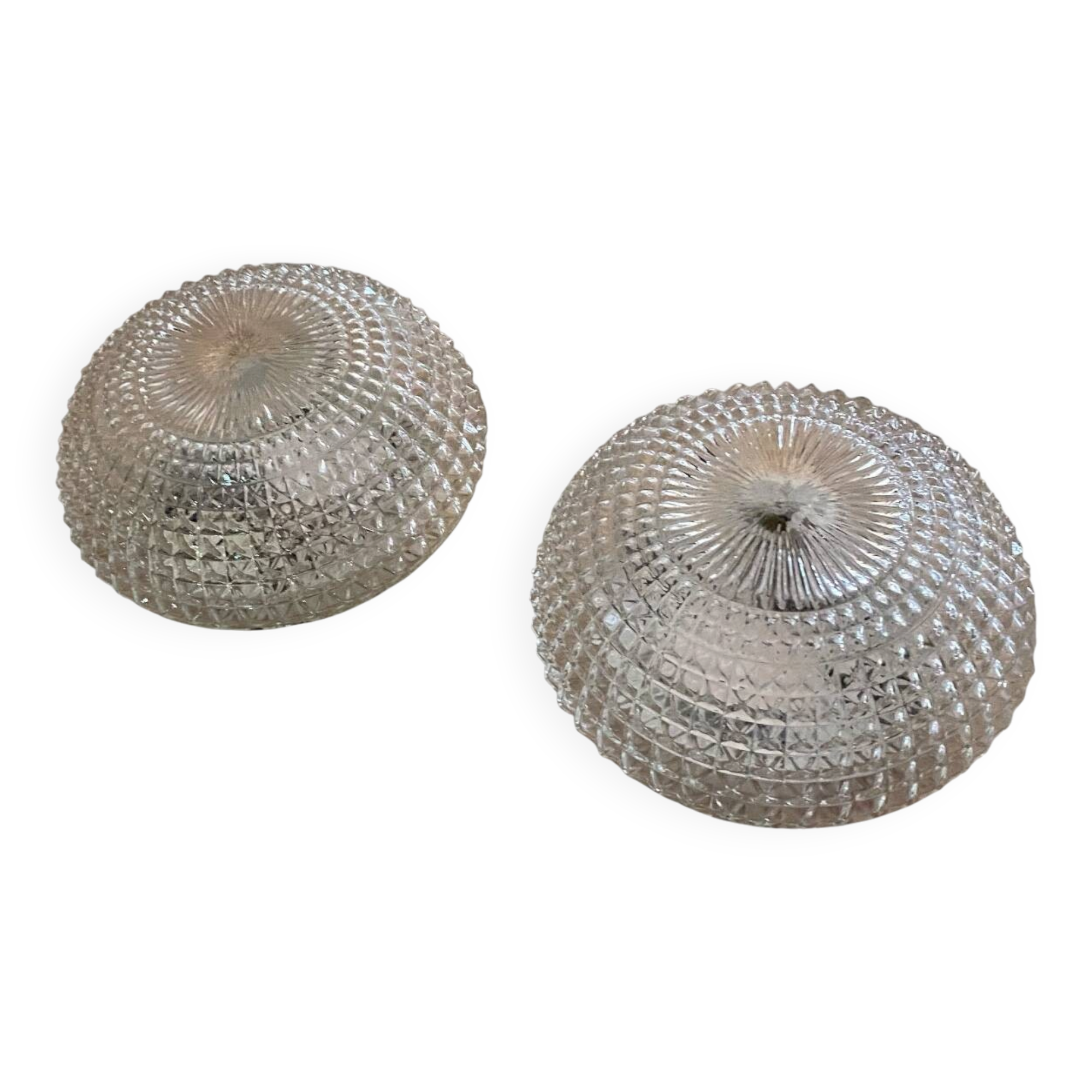 Large pair of round wall sconces ceiling lights in transparent glass.