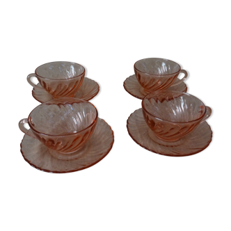 4 tasses et sous-tasses rosaline arcoroc rose à torsades vintage