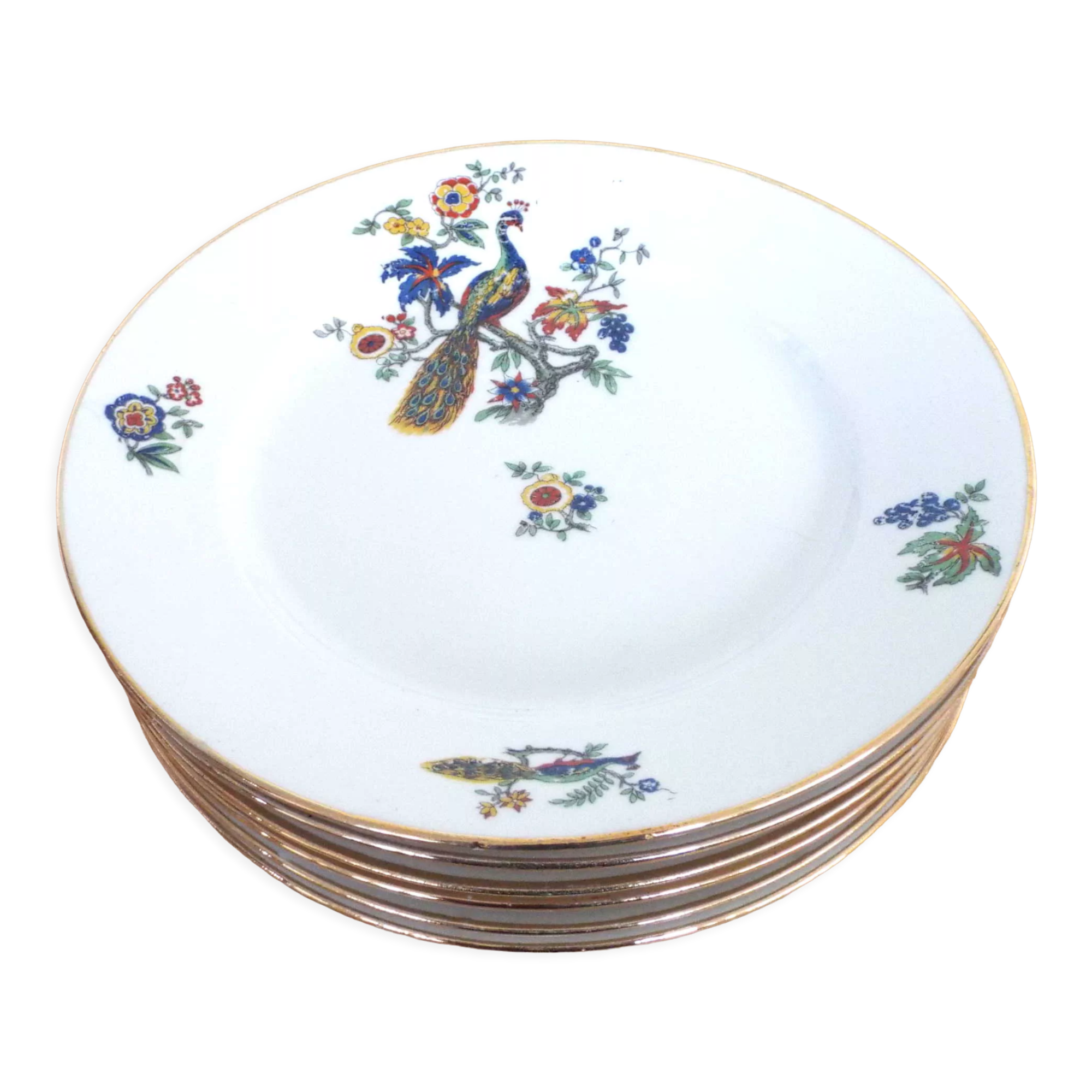 6 flat porcelain plates peacock