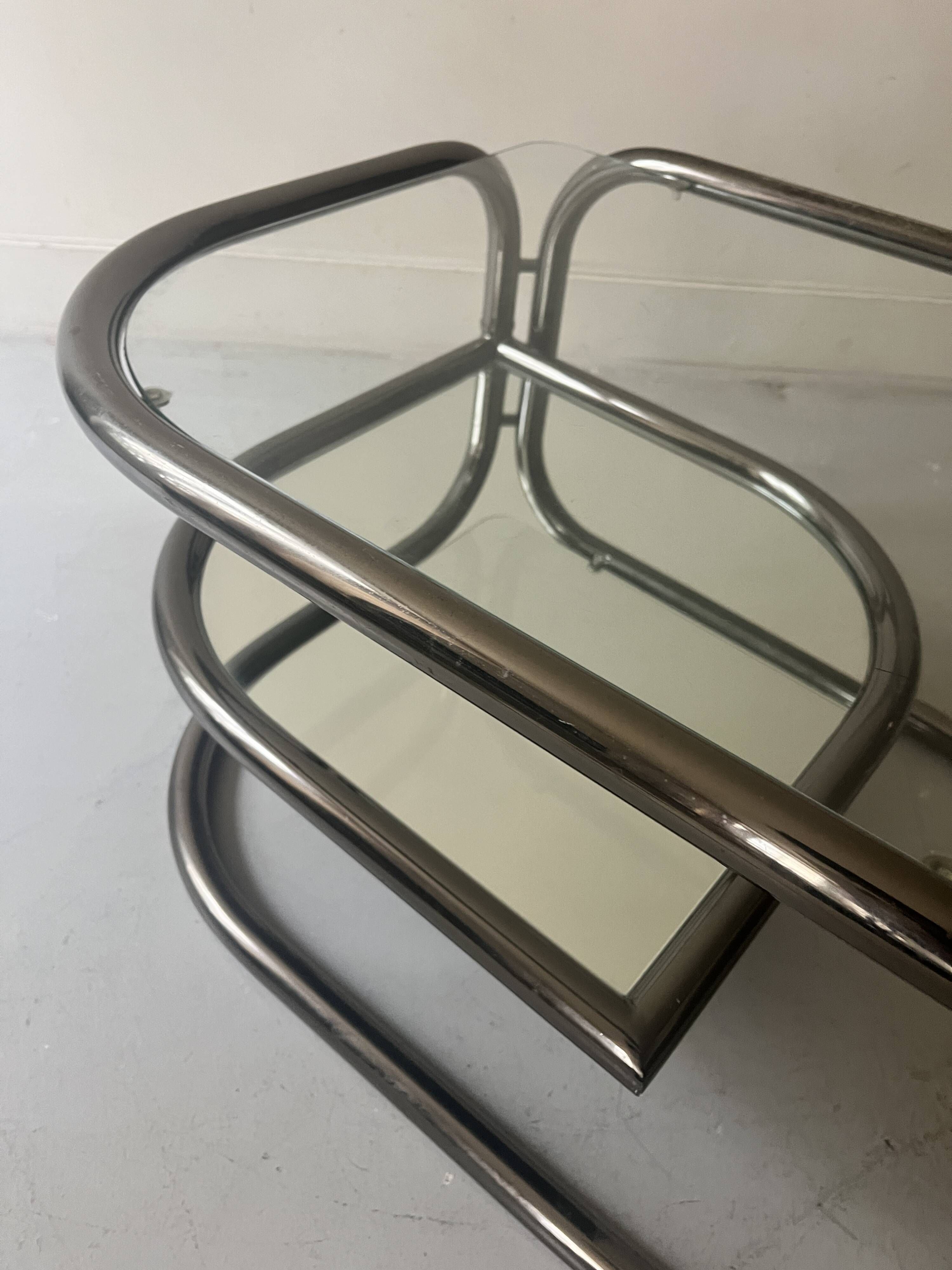 rotating coffee table drop in tubular chrome metal, glass and mirror, design 1970