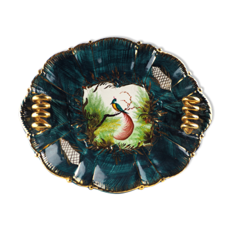 Green dish with bird decoration and golden twisted handles - Hubert Bequet in Quarregnon - 60s