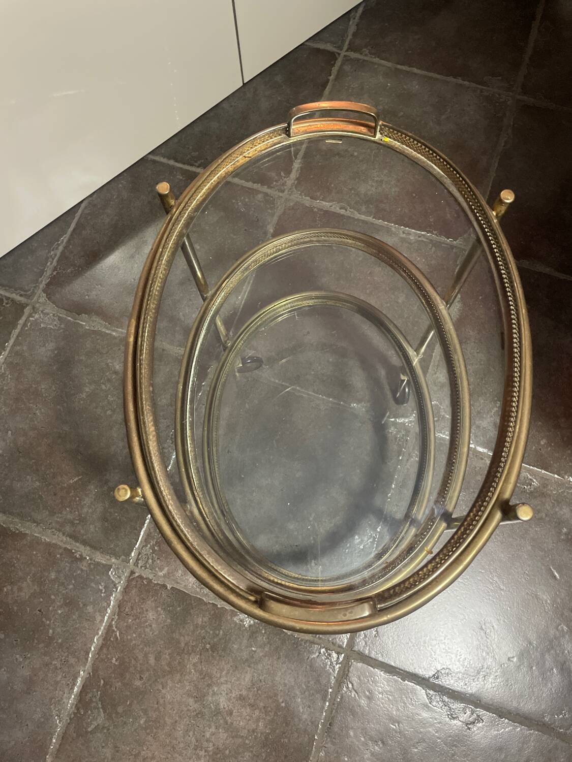 Serving cart, shelf, three-tier metal and glass trolley